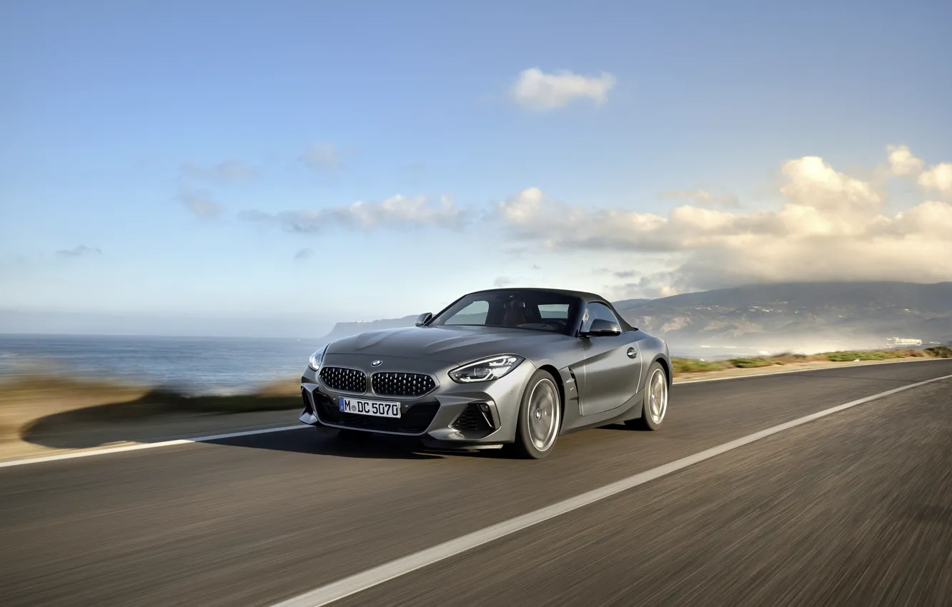 Photo wallpaper road, the sky, clouds, grey, shore, BMW, Roadster, BMW Z4