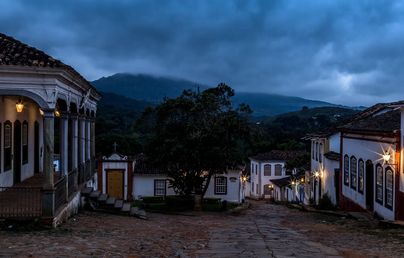 Photo wallpaper forest, clouds, trees, landscape, mountains, lights, fog, street