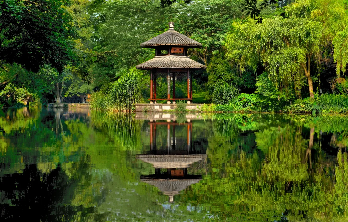 Photo wallpaper lake, pond, Park, reflection, China, China, gazebo