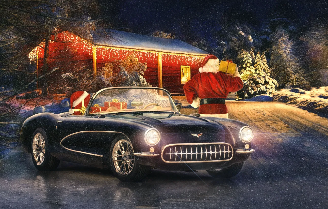 Photo wallpaper winter, retro, holiday, new year, Corvette, classic