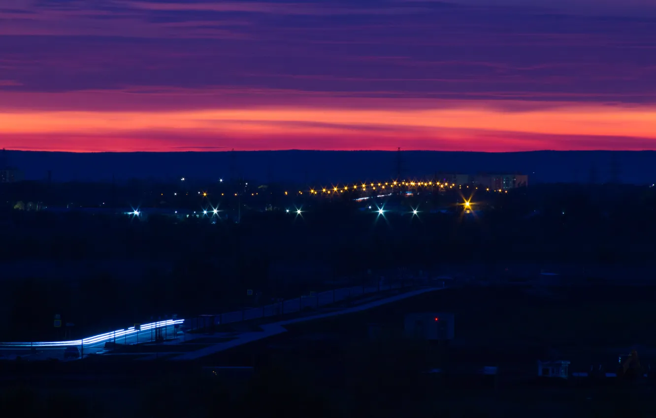 Photo wallpaper road, the sky, clouds, trees, building, home, the evening, lights