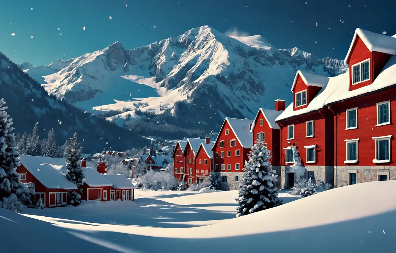 Photo wallpaper snow, mountains, spruce, village