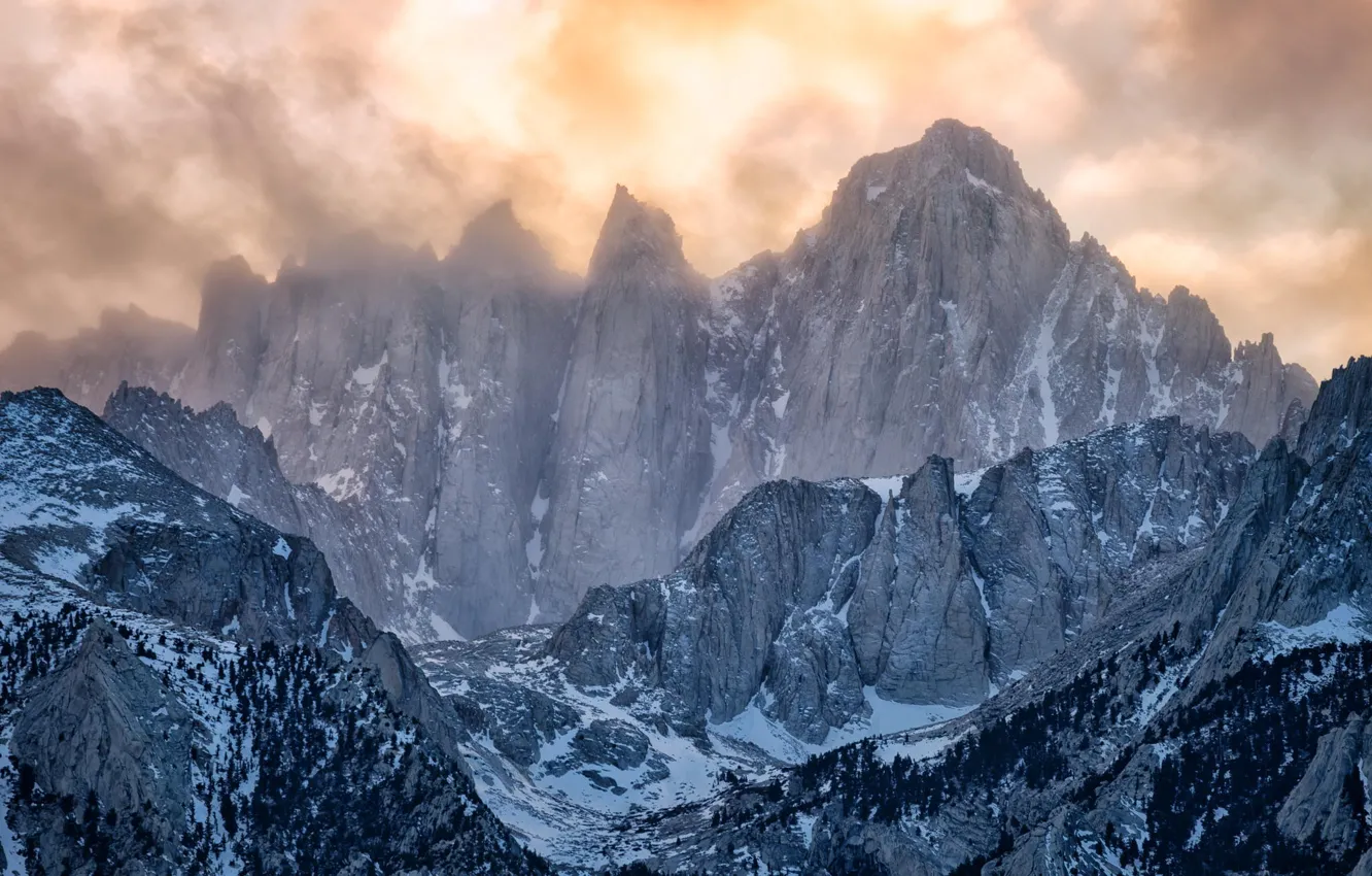 Photo wallpaper winter, clouds, snow, mountains, tops