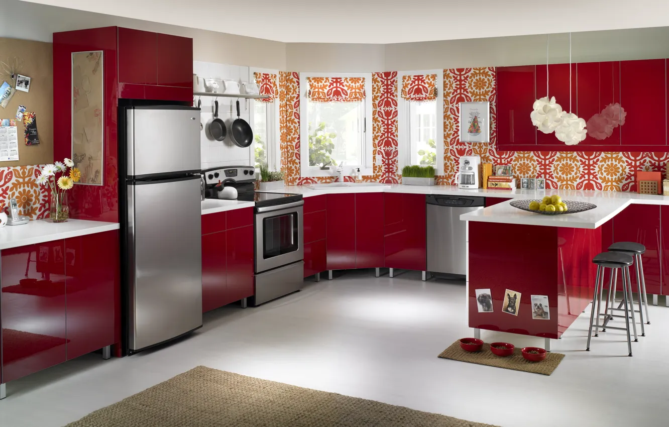 Photo wallpaper flower, flowers, design, style, interior, kitchen, red