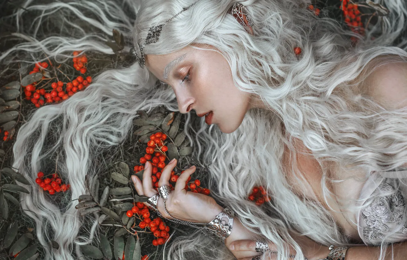 Photo wallpaper girl, decoration, face, style, berries, mood, makeup, long hair