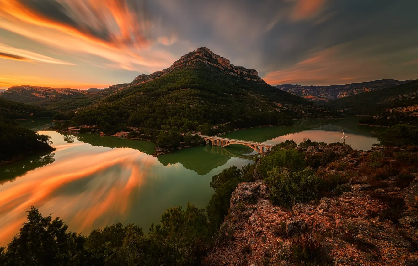 Photo wallpaper forest, mountains, bridge, lake, shore, pond, the