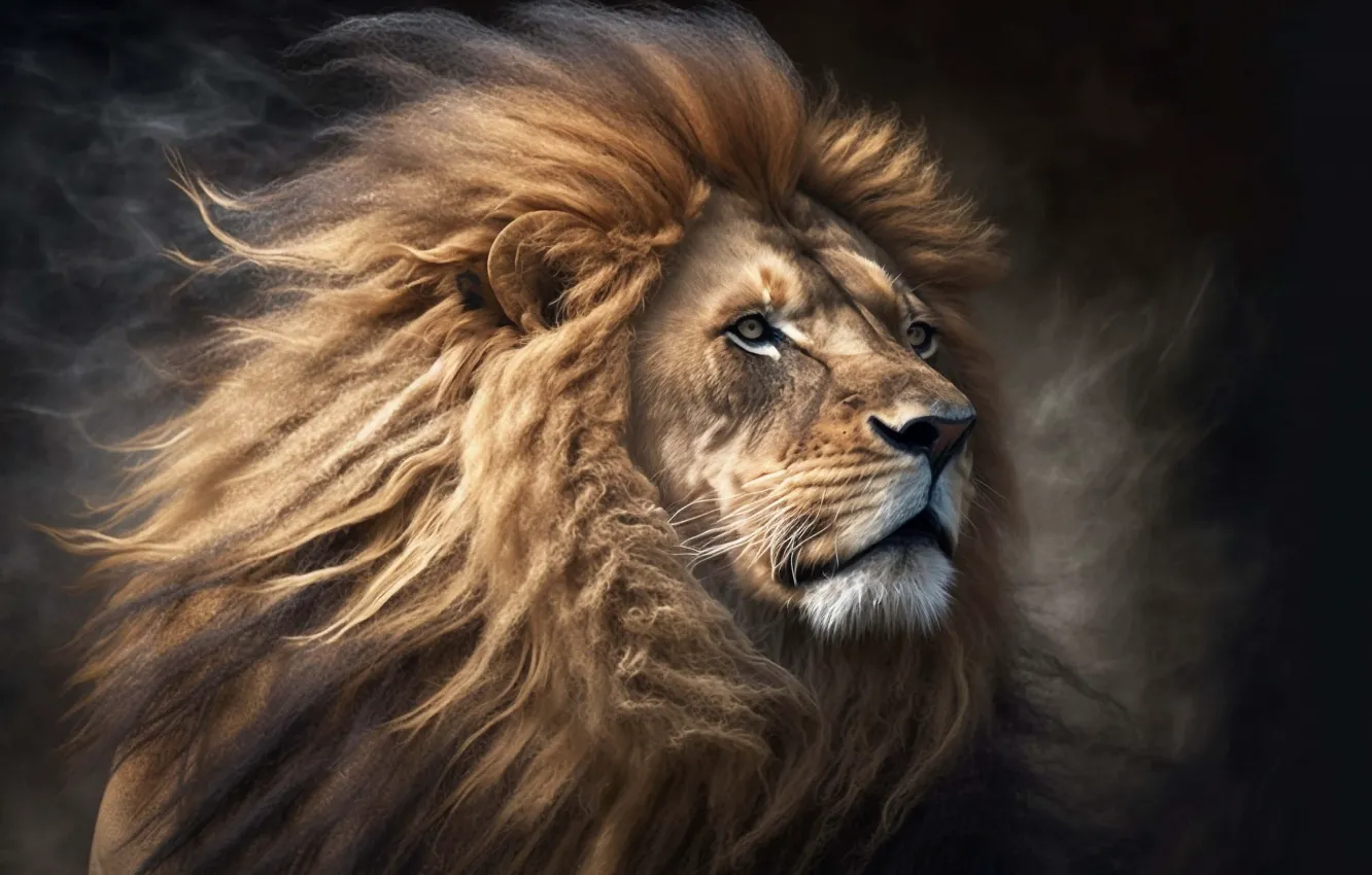 Photo wallpaper look, face, the dark background, graphics, portrait, Leo, art, mane