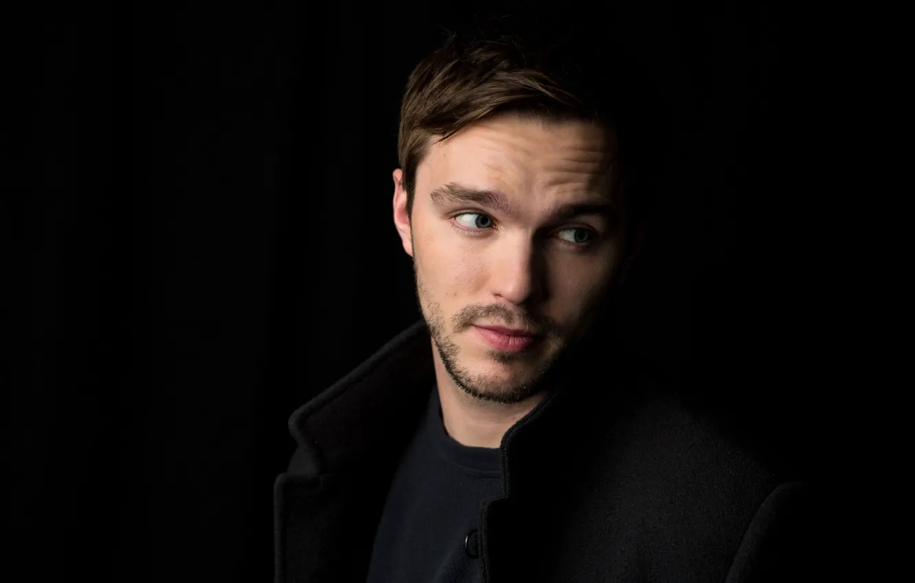 Photo wallpaper actor, black background, coat, photoshoot, Nicholas Hoult, Nicholas Hoult, Amy Sussman