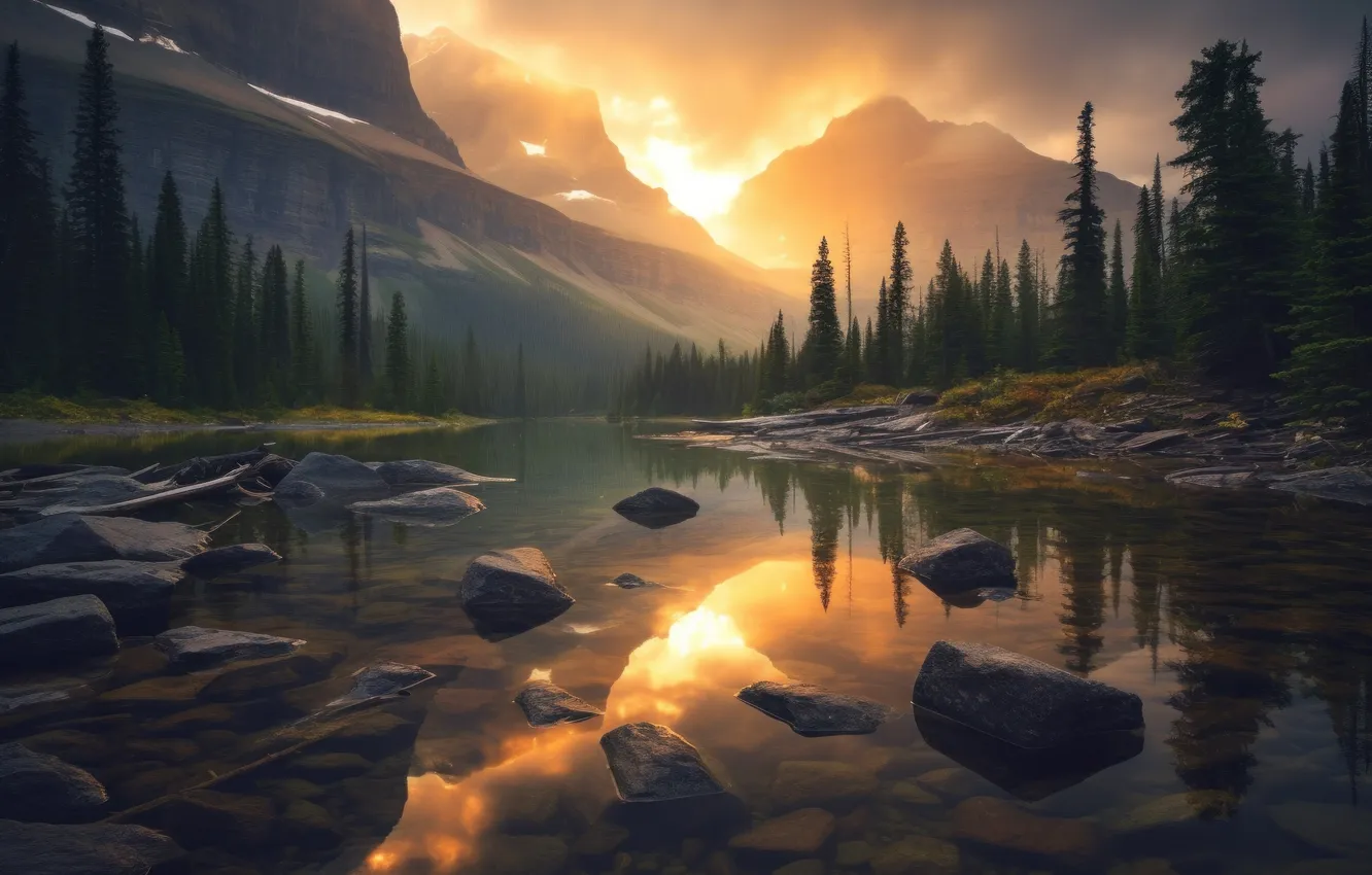 Photo wallpaper landscape, mountains, nature, stream, dawn, sunrise