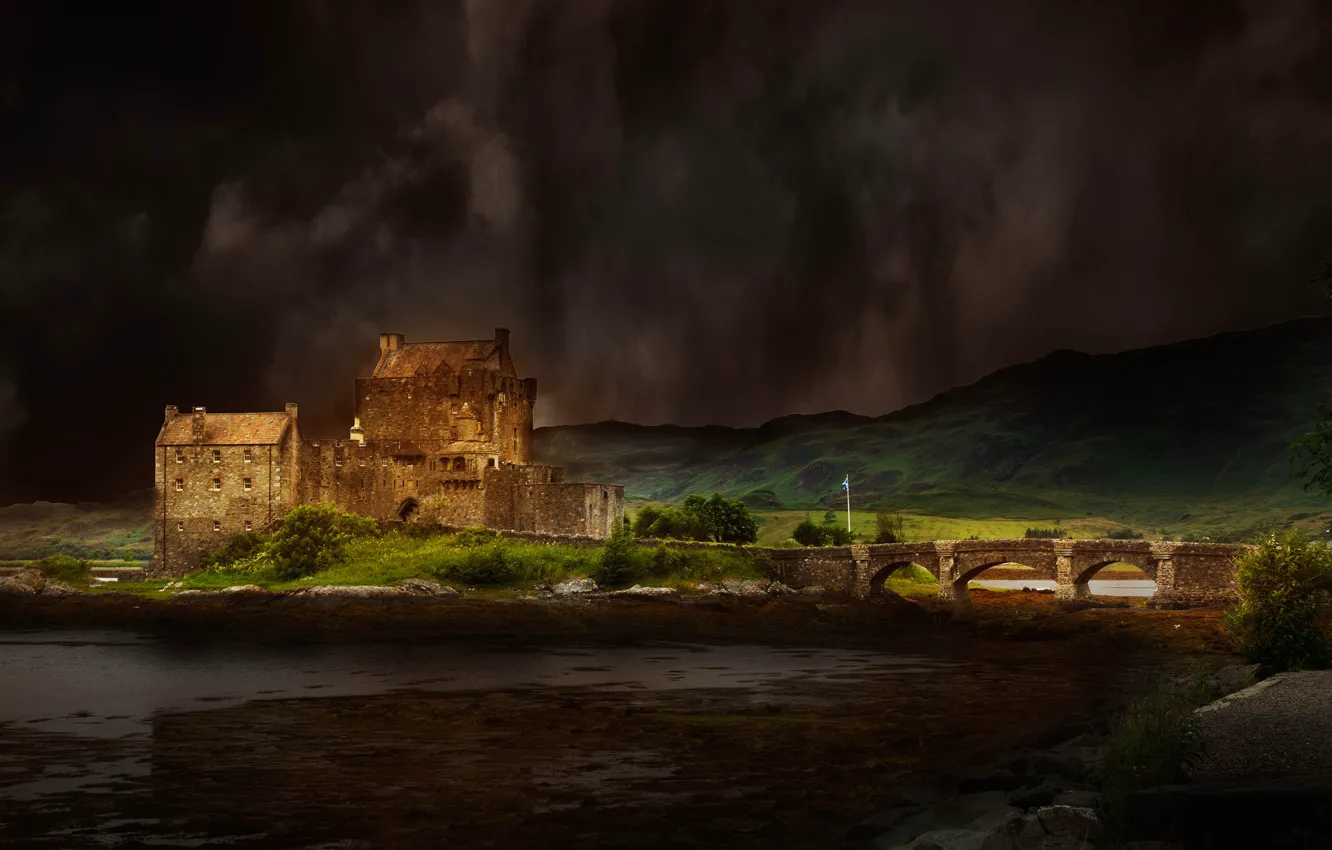Photo wallpaper the storm, the sky, clouds, landscape, mountains, clouds, bridge, lake