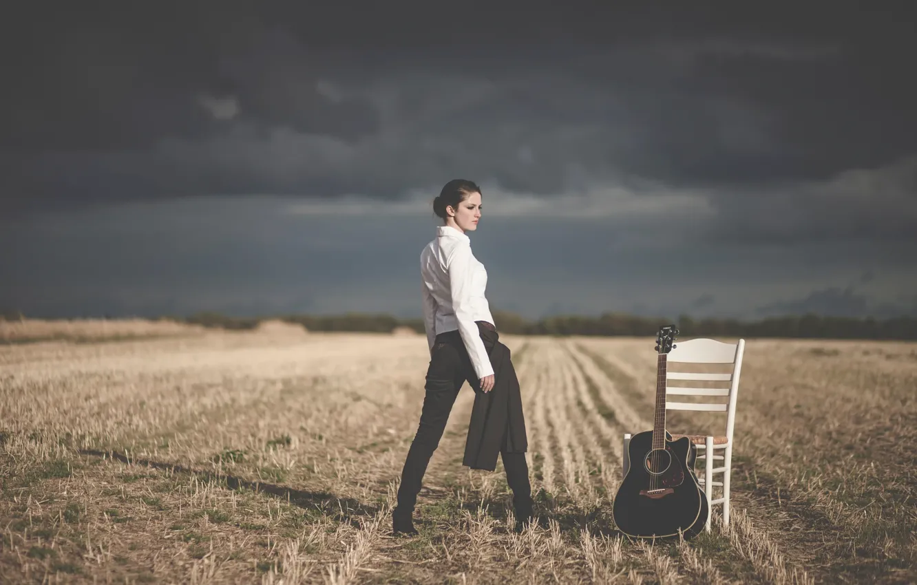 Photo wallpaper field, girl, guitar, chair