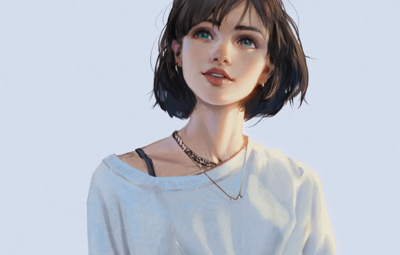 Photo wallpaper smile, haircut, chain, earrings, blue background, bangs, looking up, portrait of a girl