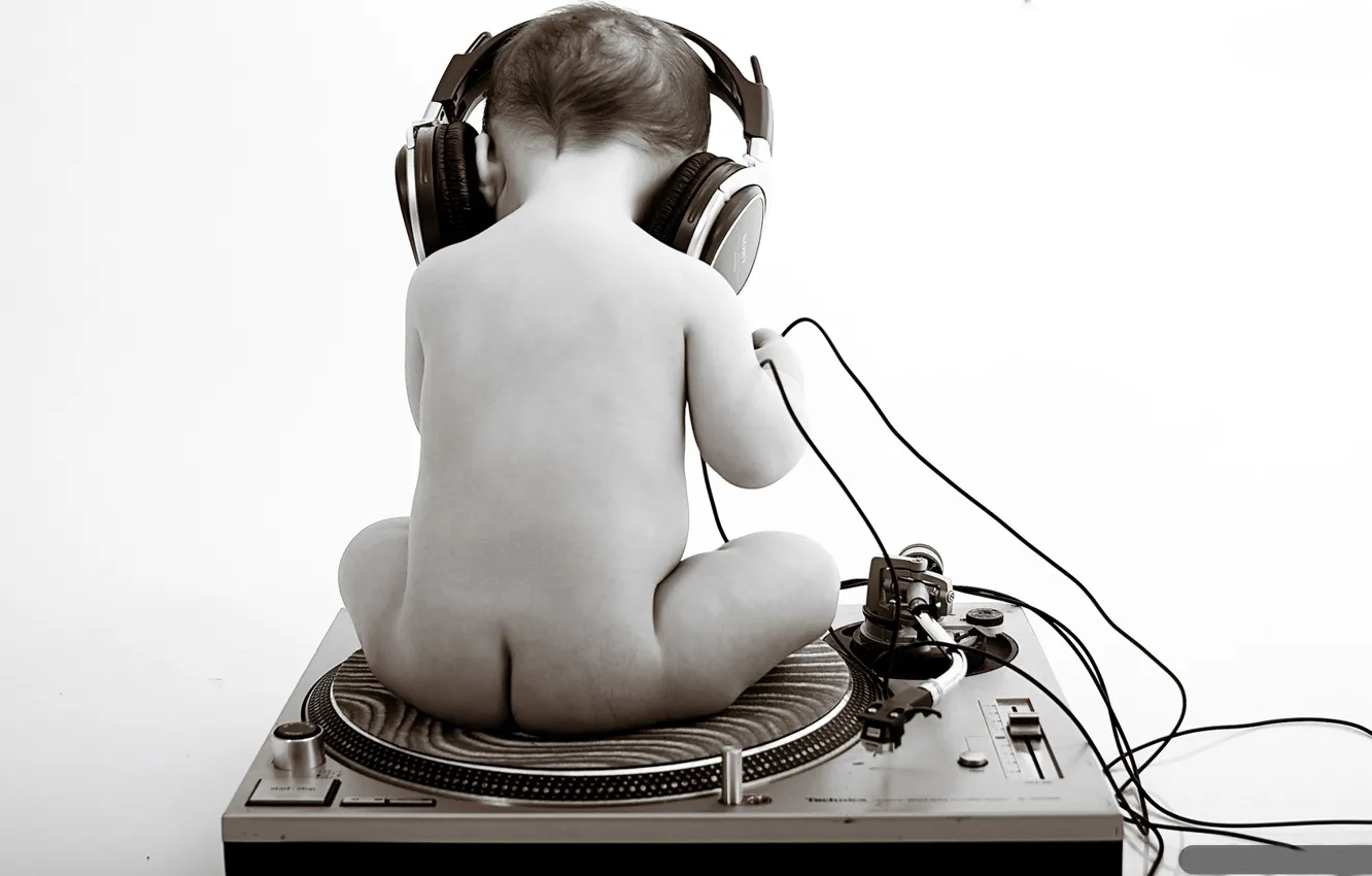 Photo wallpaper headphones, black and white, child