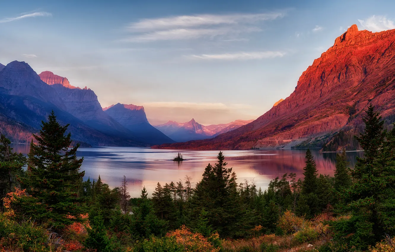 Photo wallpaper autumn, the sky, trees, sunset, mountains, lake, rocks, USA