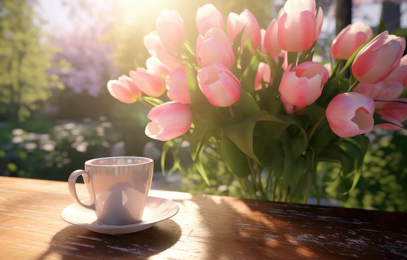 Photo wallpaper light, flowers, table, tea, Board, bouquet, spring, garden