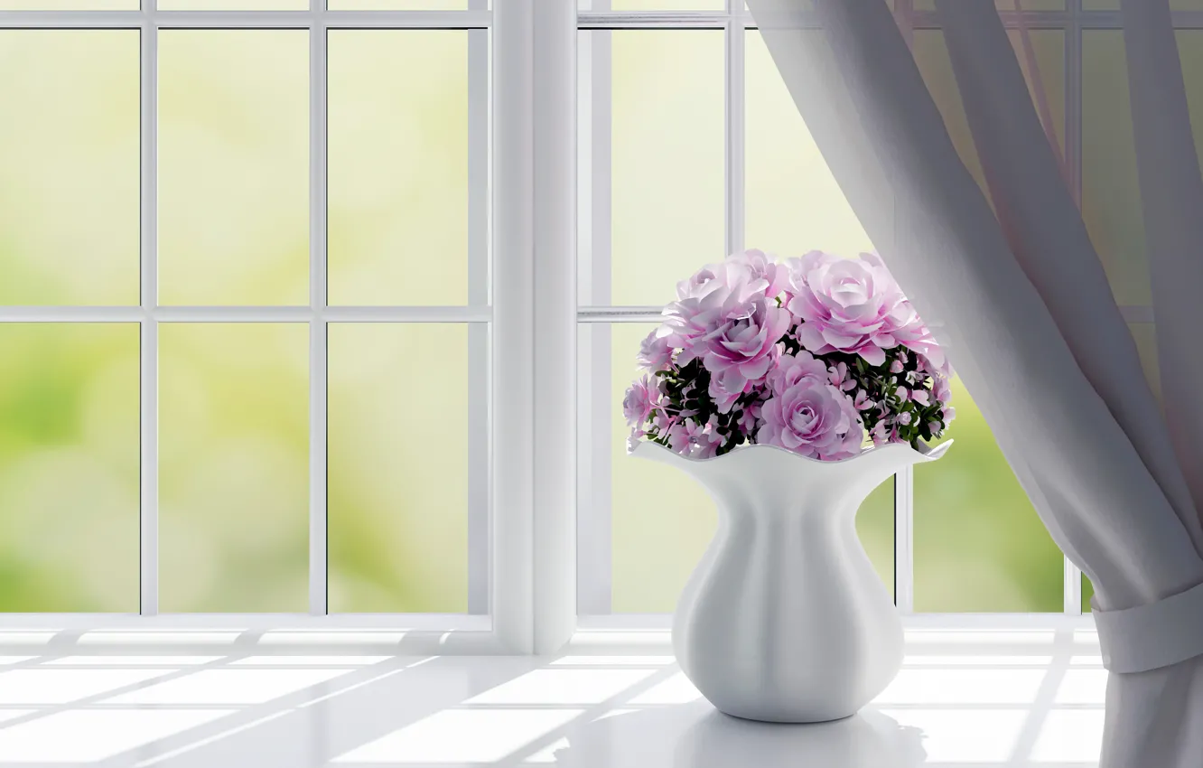 Photo wallpaper flowers, roses, window, vase