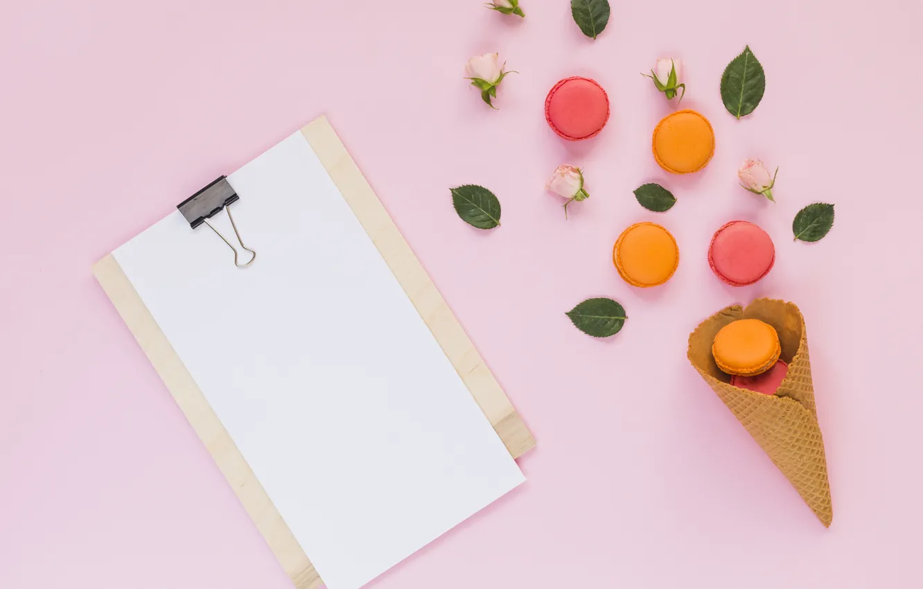 Photo wallpaper roses, colorful, buds, macaroons, waffle cone