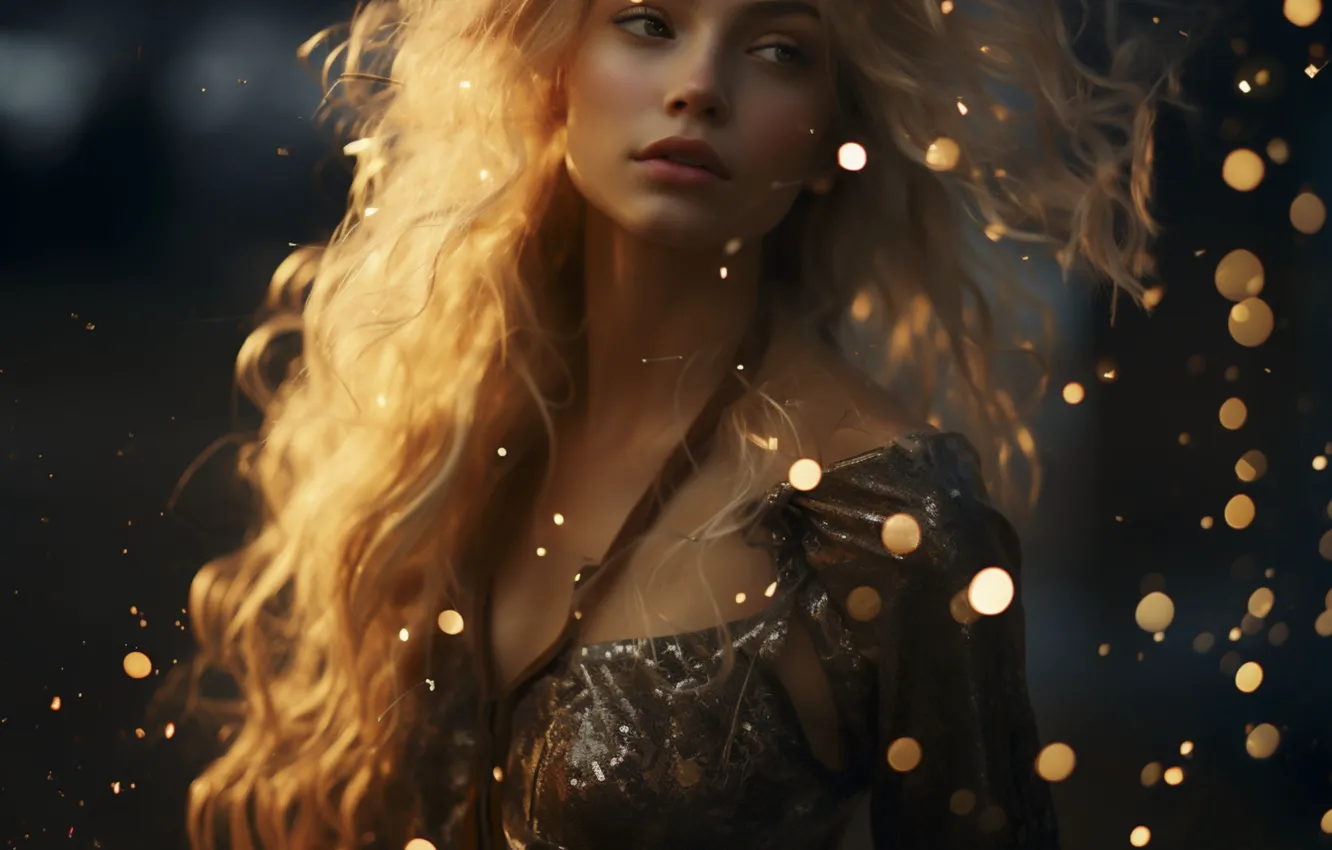 Photo wallpaper chest, look, girl, light, lights, glare, the dark background, portrait