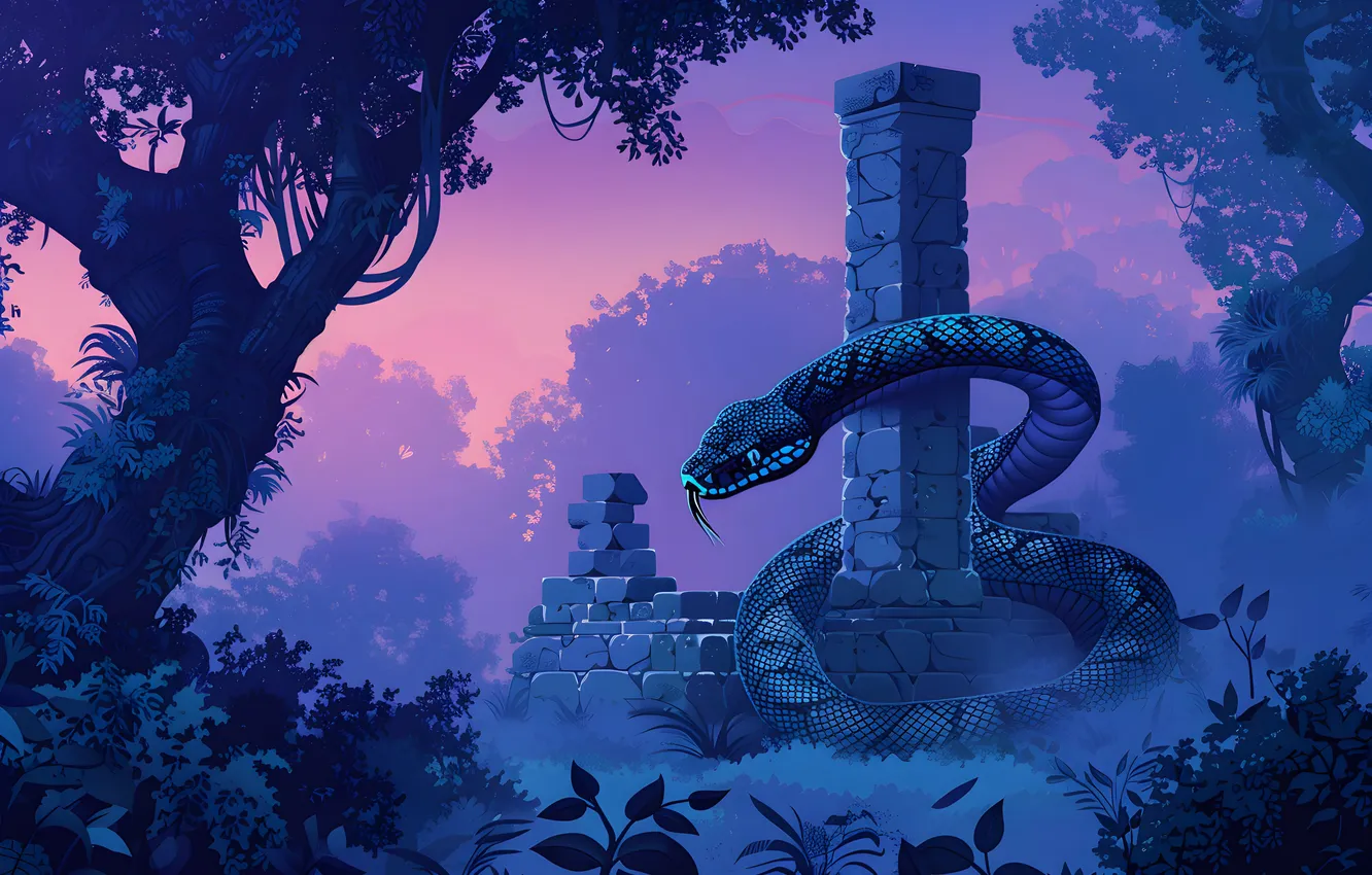 Photo wallpaper forest, animal, building, snake, art, devastation, reptile, digital art