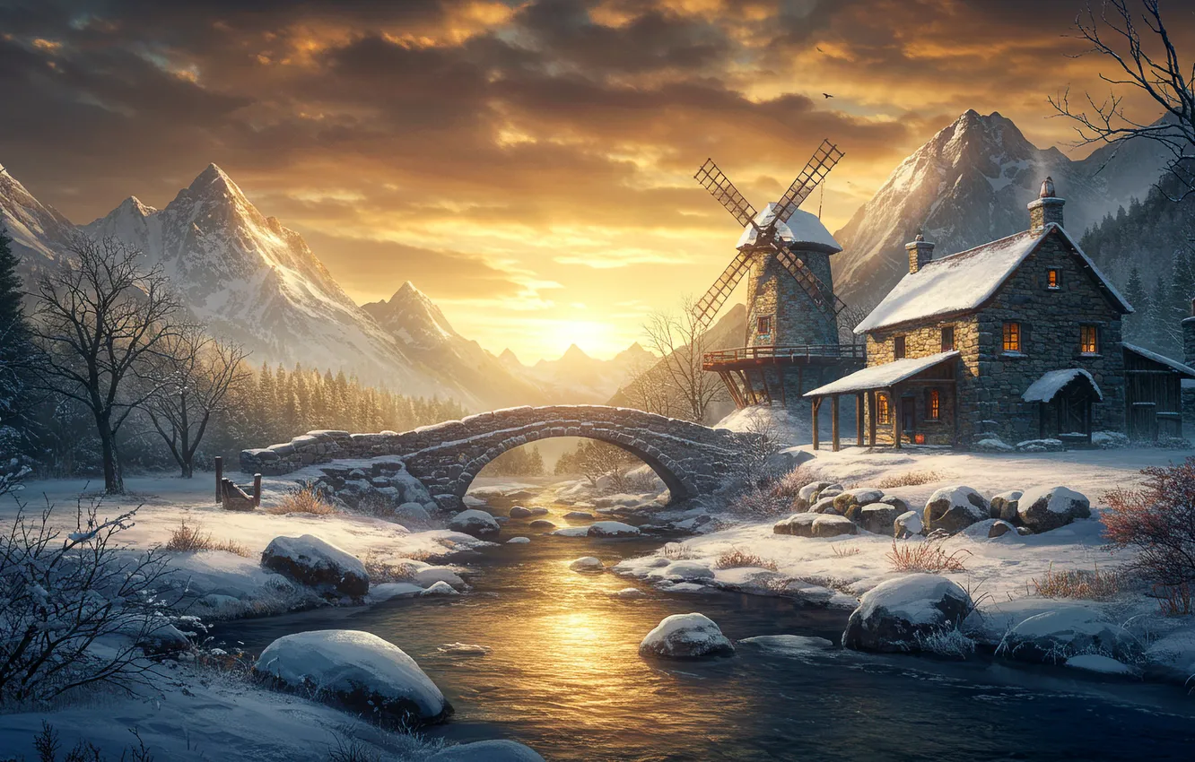 Photo wallpaper winter, sunset, bridge, figure, home, art, mill, wallpaper
