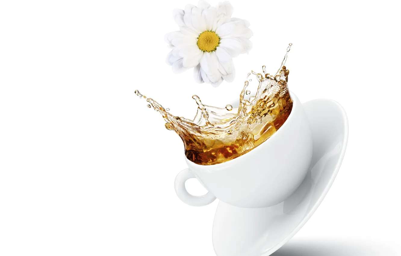Photo wallpaper flowers, squirt, tea, Cup, flowers, cup, tea, spray
