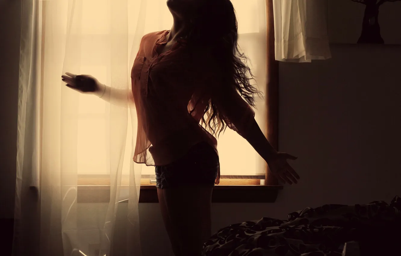 Photo wallpaper girl, shorts, silhouette, window, blouse, brown hair, tulle