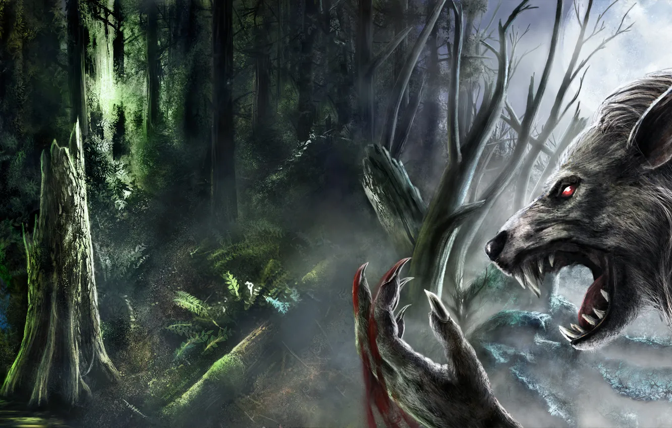 Photo wallpaper greens, forest, fog, blood, werewolf