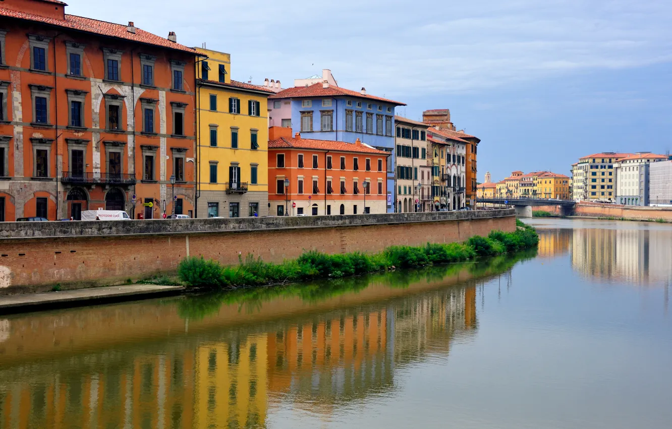 Photo wallpaper the sky, river, home, Italy, Pisa
