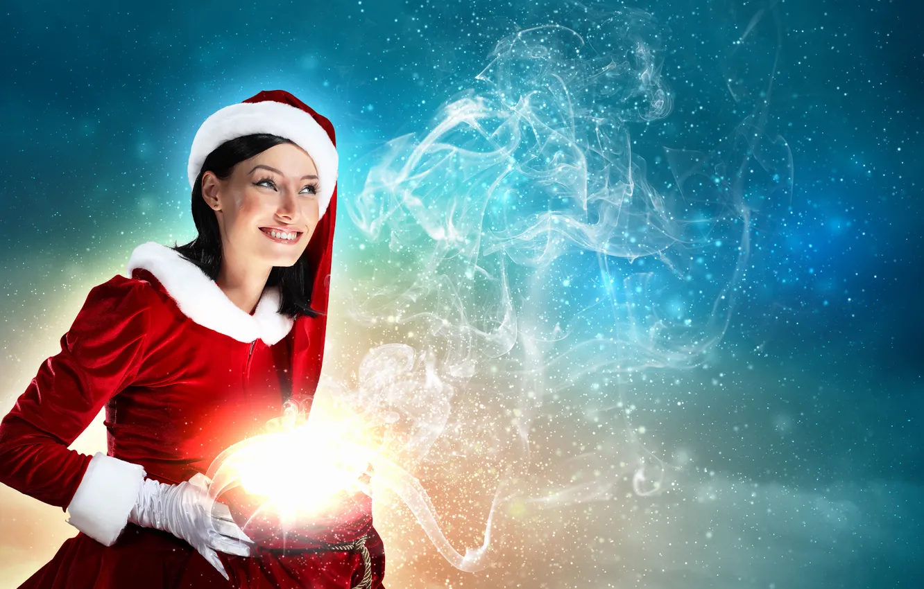 Photo wallpaper girl, decoration, smile, holiday, gift, toy, new year, package