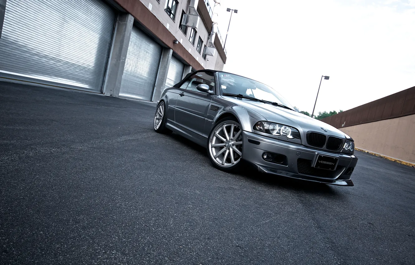Photo wallpaper the building, BMW, silver, BMW, convertible, E46, the front part, silvery