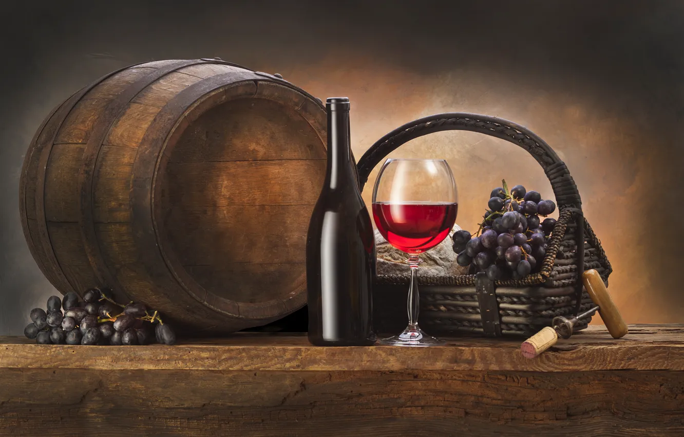 Photo wallpaper wine, basket, bottle, grapes, barrel, corkscrew