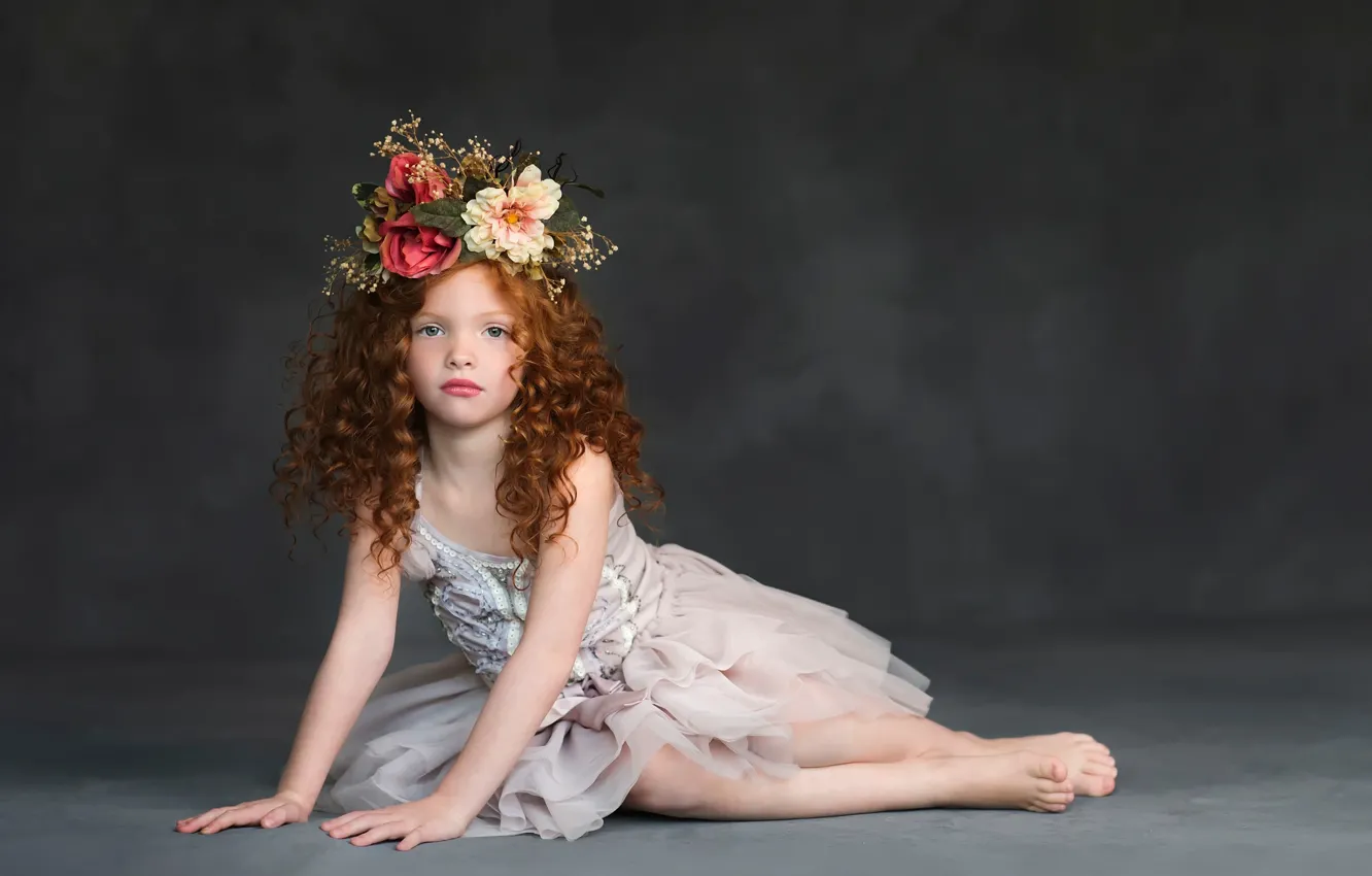 Photo wallpaper dress, girl, curls, wreath, Studio, child models
