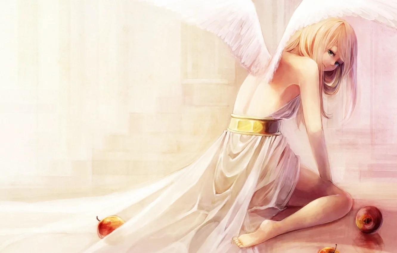 Photo wallpaper girl, smile, apples, wings, angel, blonde