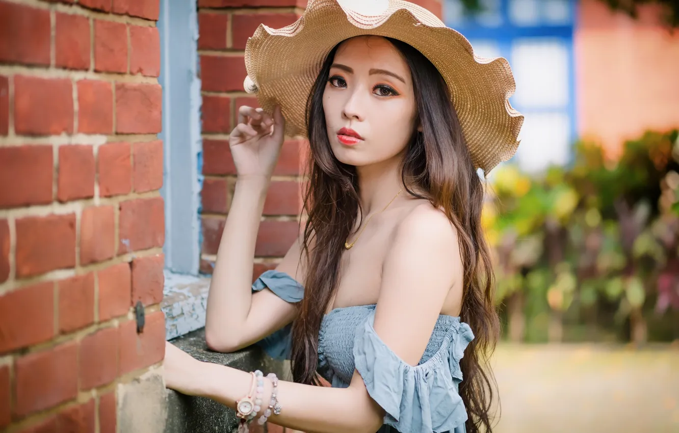 Photo wallpaper summer, look, girl, the city, model, hat, Asian, long hair