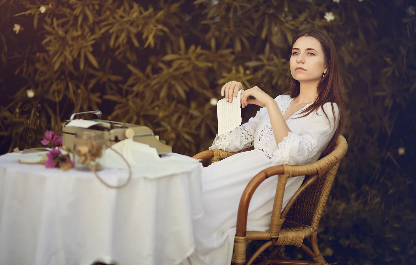 Photo wallpaper look, leaves, girl, nature, pose, the dark background, table, mood