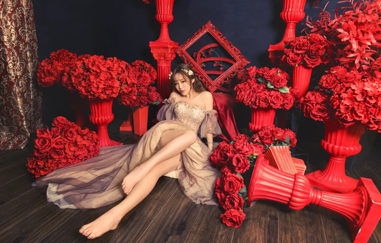 Photo wallpaper girl, flowers, red, pose, the dark background, feet, frame, roses