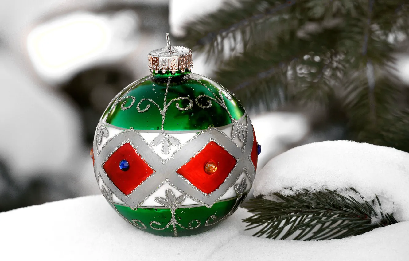 Photo wallpaper snow, tree, new year, Christmas, ball, decoration