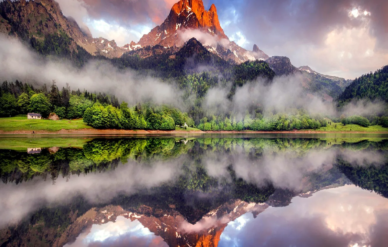Photo wallpaper forest, mountains, nature, fog, lake, reflection