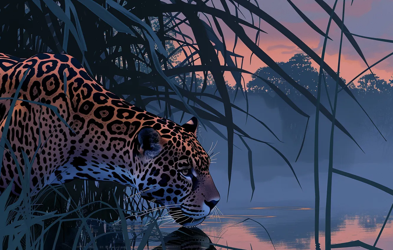 Photo wallpaper water, dawn, predator, reed, Jaguar, big cat, digital art, imitation painting