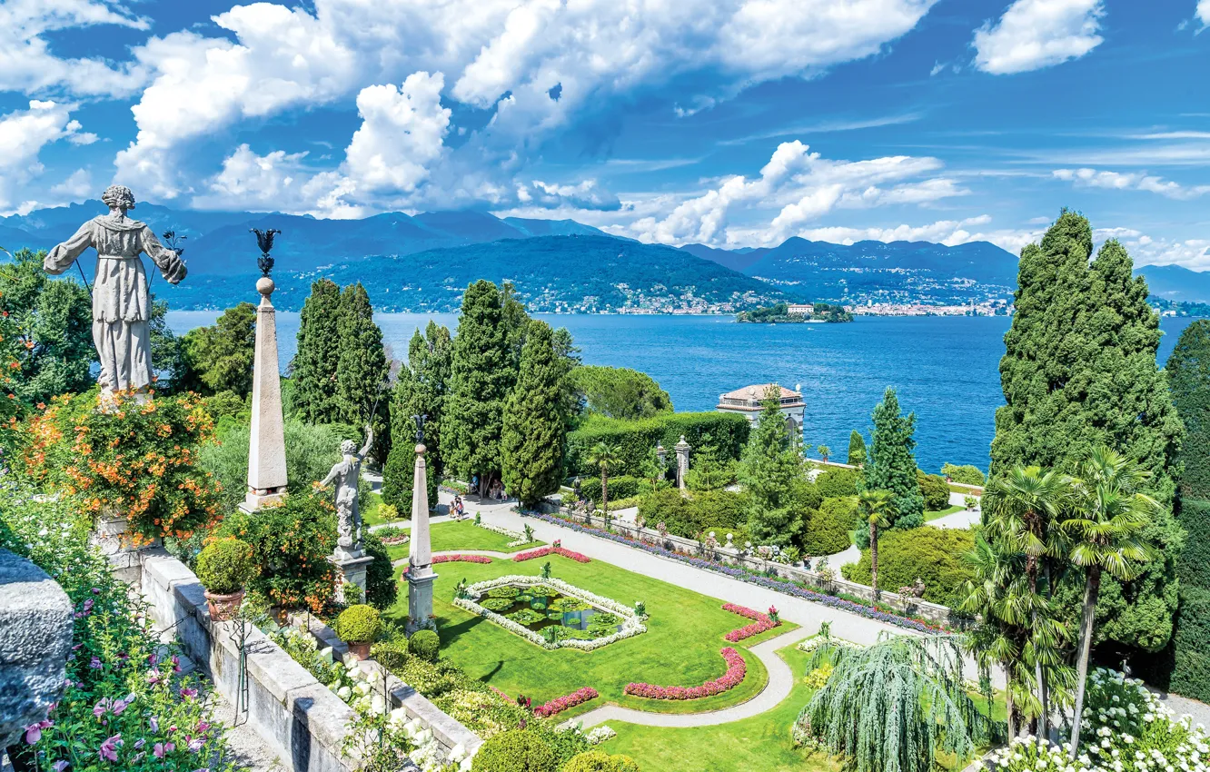 Photo wallpaper lake, Italy, statue, Maggiore, Palazzo Borromeo, Isola Bella