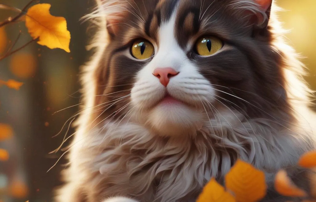 Photo wallpaper autumn, cat, look, light, nature, pose, foliage, kitty