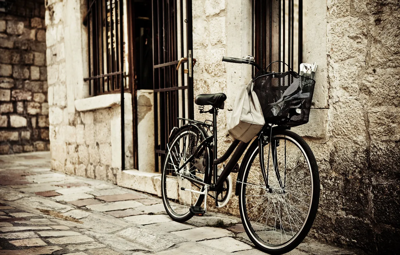 Photo wallpaper bike, the city, background, mood, Wallpaper, street, basket, brick