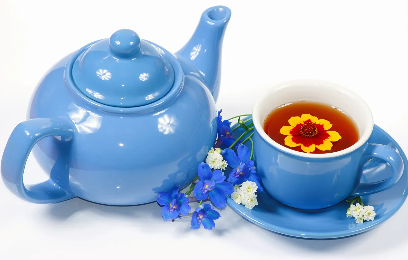 Photo wallpaper flower, tea, kettle, Cup, still life