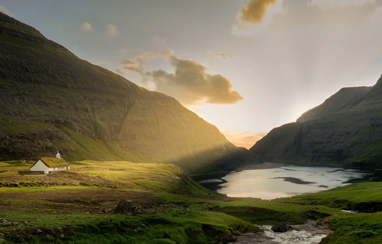 Photo wallpaper field, the sky, light, mountains, lake, rocks, hills, shore