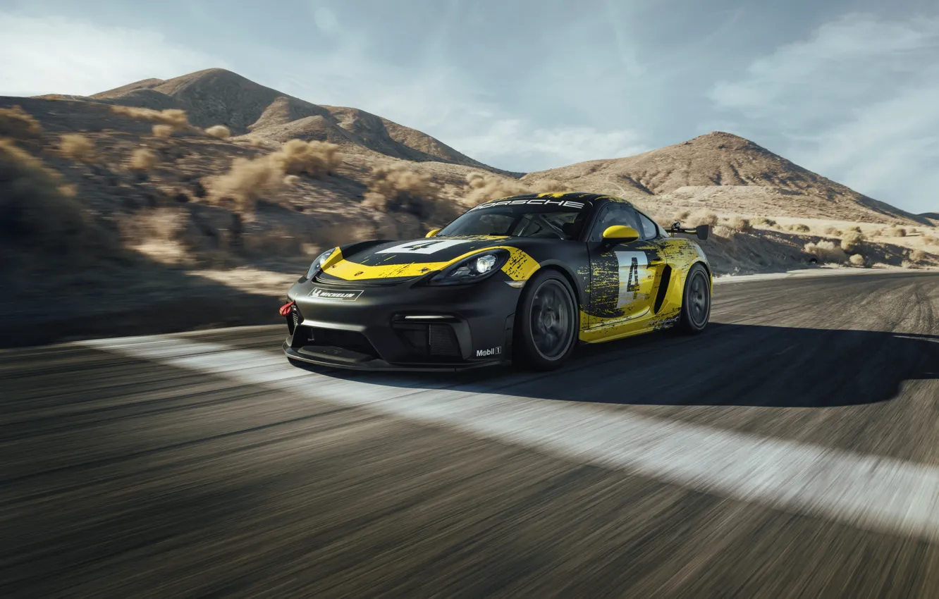 Photo wallpaper mountains, coupe, track, Porsche, Cayman, 718, 2019, black-yellow