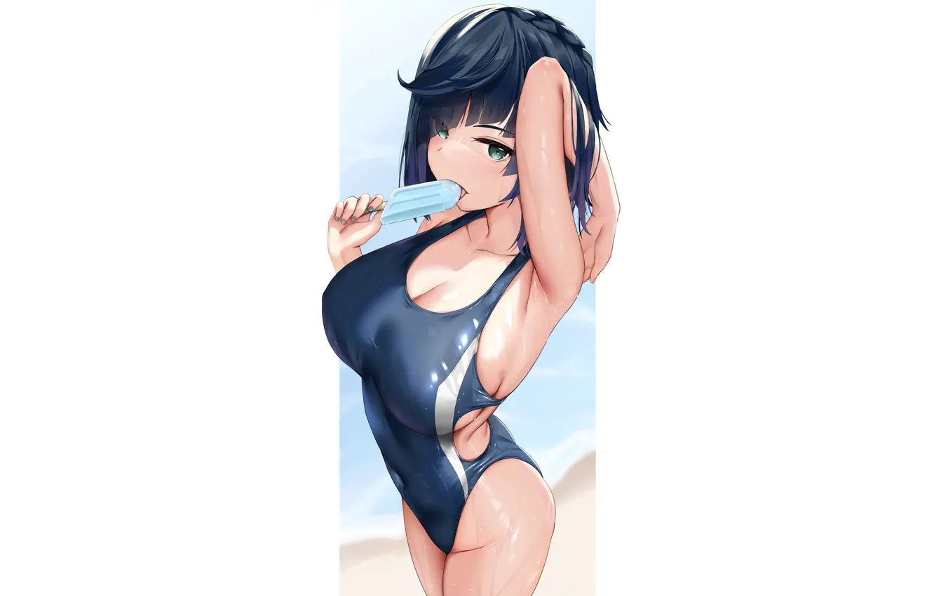 Photo wallpaper girl, hot, sexy, wet, blue, anime, water, short hair