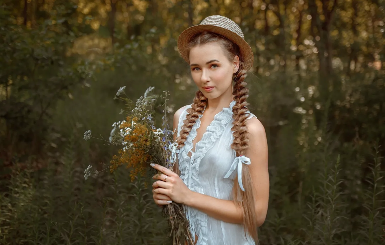 Photo wallpaper look, girl, flowers, nature, hat, beautiful, braids, Albert Forest