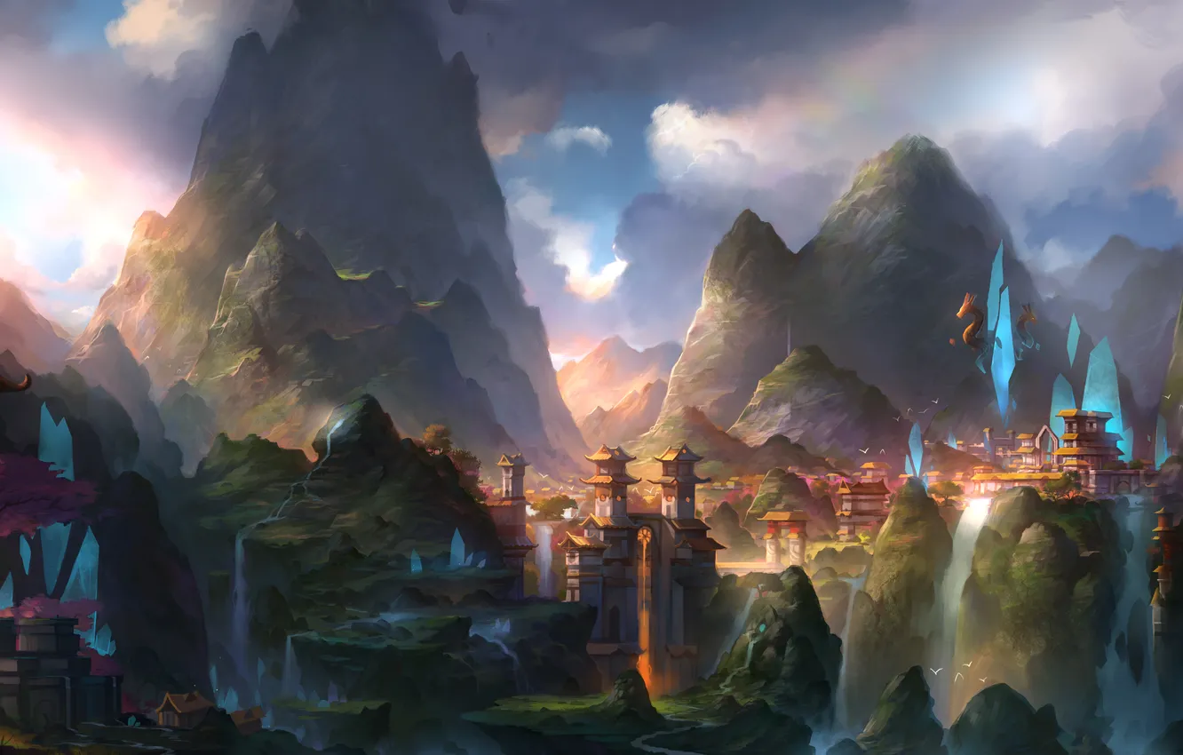 Photo wallpaper mountains, the city, paint, waterfall, Sakura, art, fom