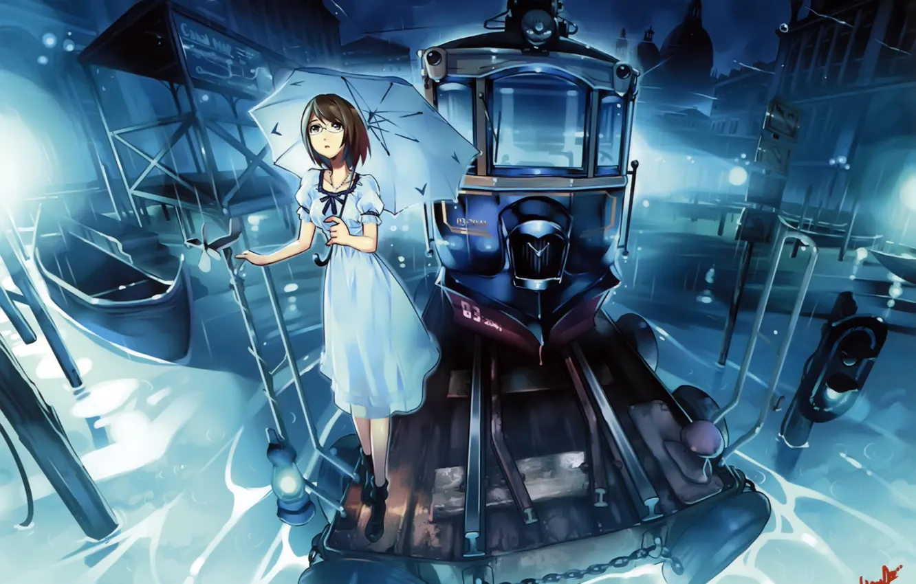 Photo wallpaper water, girl, night, boat, train, home, umbrella, anime