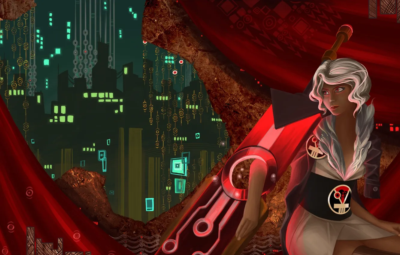 Photo wallpaper girl, the city, sword, white hair